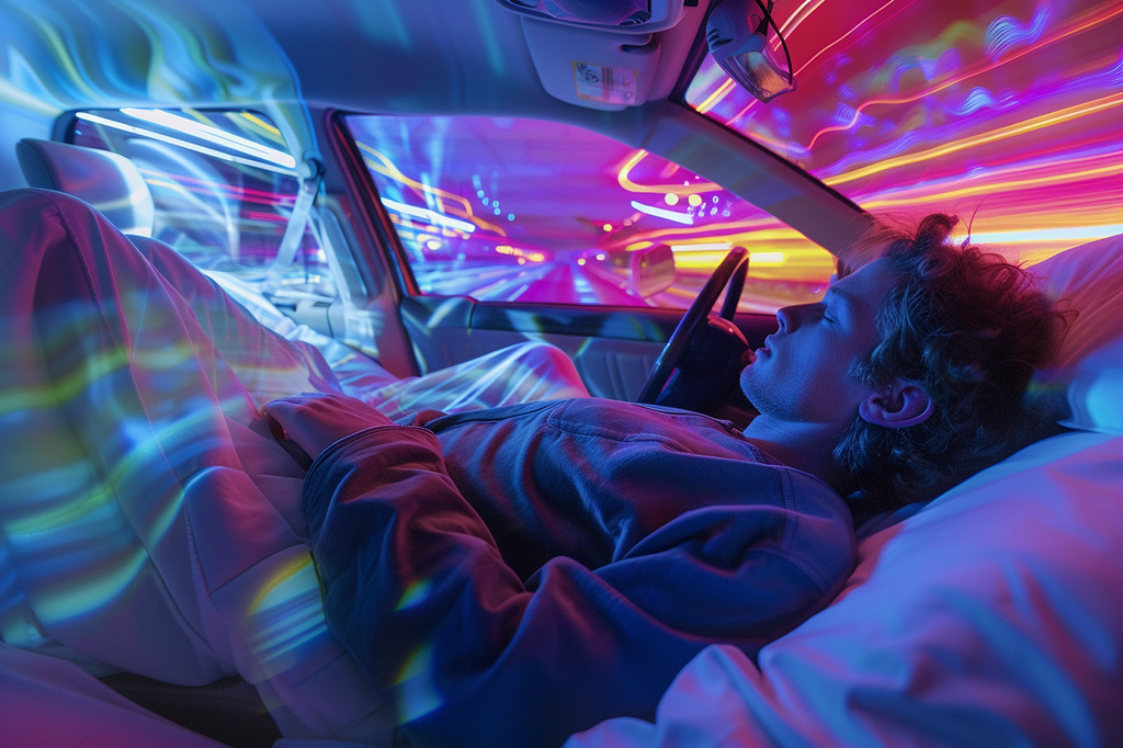Persoon slaapt in de auto en beleeft een intense droom, aan de illustratieve kleuren te zien.