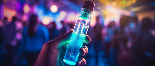 Blauwe vloeistof in een glazen flesje op een festival