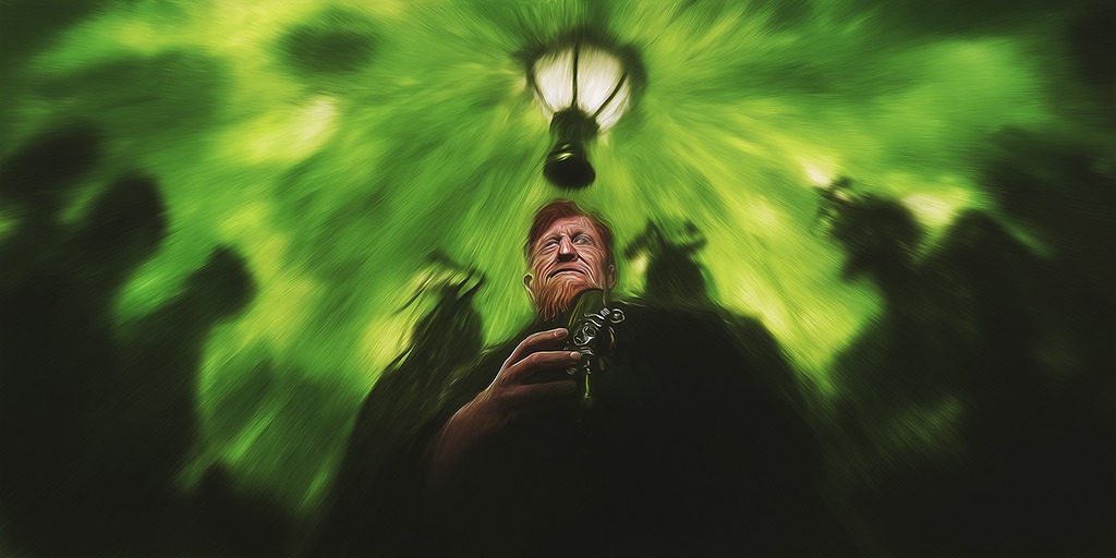illustratie van vincent van gogh die absint drinkt en ervan gaat hallucineren.