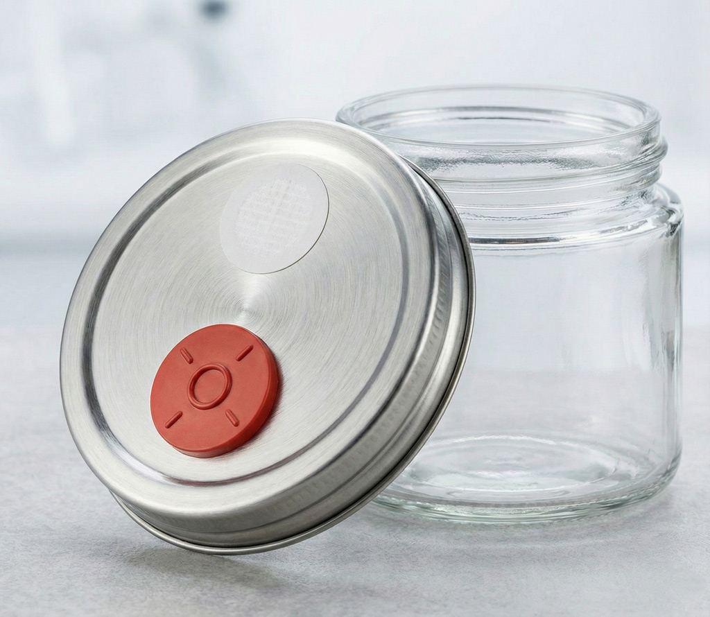 Een glazen potje met een metalen deksel voorzien van een rubberen injectiepoort en een filtersticker voor het kweken van schimmels.